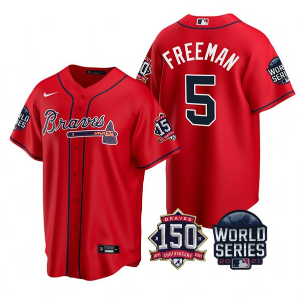 Men's Atlanta Braves #5 Freddie Freeman 2021 Red World Series With 150th Anniversary Patch Cool Base Stitched Jersey Men's Atlanta Braves #5 Freddie Freeman 2021 Red World Series With 150th Anniversary Patch Cool Base Stitched Jersey